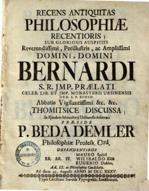 Recens antiquitas philosophiae recentioris etc. : thomistice discussa