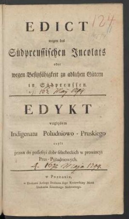 Edict wegen des Südpreussischen Incolats oder wegen Besitzfähigkeit zu adlichen Gütern in Südpreussen