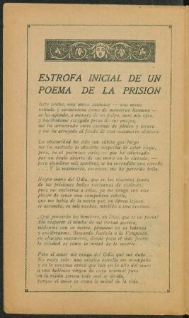 Estrofa inicial de un poema de la prisión