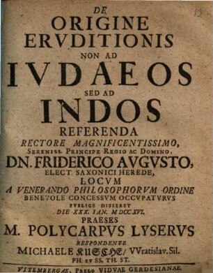 Diss. de origine eruditionis non ad Iudaeos, sed ad Indos referenda