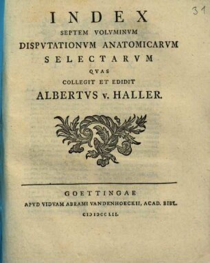 Index Septem Volvminvm Dispvtationvm Anatomicarvm Selectarvm