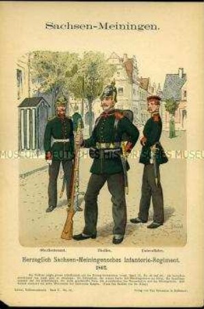 Uniformdarstellung, Oberleutnant, Füsilier und Unteroffizier der Infanterie, Herzogtum Sachsen-Meiningen, 1862.
