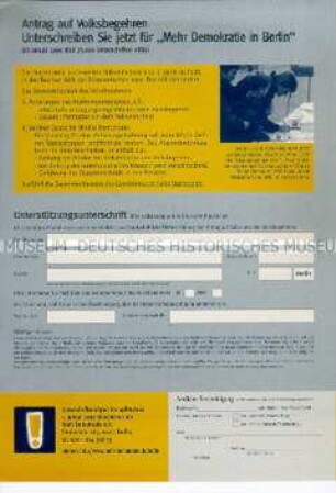 Propagandaflugblatt des Vereins "Mehr Demokratie" für die verfassungsmäßige Einführung von Volksbegehren und Volksentscheiden im Land Berlin