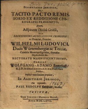 Dissertatio Juridica, De Tacito Pacto Remissorio Ex Redditione Chirographi Praesumpto
