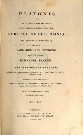 Platonis et quae vel Platonis esse feruntur vel Platonica solent comitari scripta Graece omnia ad codices manuscriptos, 7