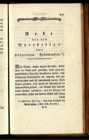 Rede von den Vortheilen einer frühzeitigen Frömmigkeit.