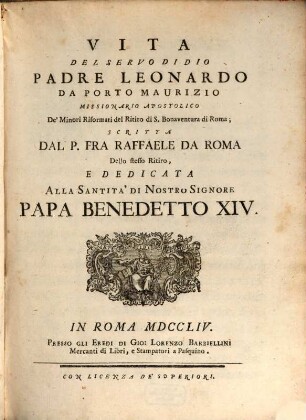 Vita del servo di dio padre Leonardo da Porto Maurizio