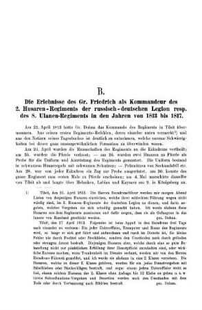 B. Die Erlebnisse des Gr. Friedrich als Kommandeur des 2. Husaren-Regiments ...