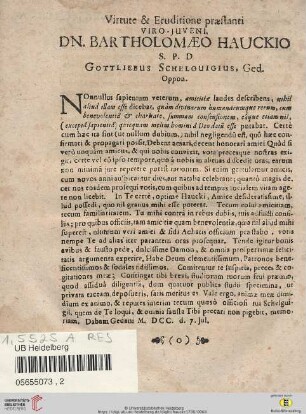 Virtute & Eruditione præstanti viro - juveni, Dn. Bartholomæo Hauckio [...]