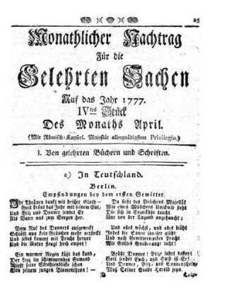 Monathlicher Nachtrag [...] Auf das Jahr 1777. IVtes Stück Des Monaths April