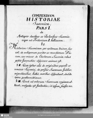 Pars I. de Antiquis ducibus ac Electoribus Saxoniae usque ad Fridericum I. Bellicosum