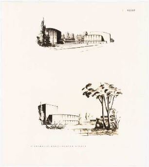 Stadthalle und Stadttheater, Siegen: 2 Perspektivische Ansichten (Lichtpause von Inv.Nr. 36928)