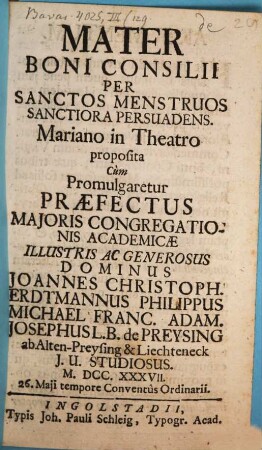 Mater boni consilii per sanctos menstruos sanctiora persuadens : [Periocha]