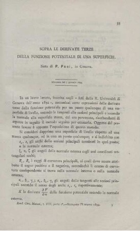 Sopra le derivate terze della funzione potenziale di una superficie.