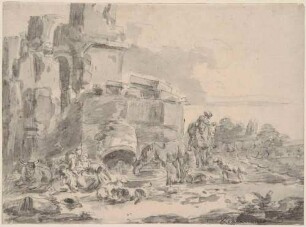 Ruinenbild mit Tieren am Brunnen