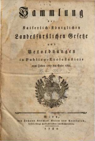 Sammlung der kaiserlich-königlichen landesfürstlichen Gesetze und Verordnungen in publico-ecclesiasticis : vom Jahre ... 1. 1767/82 (1782)