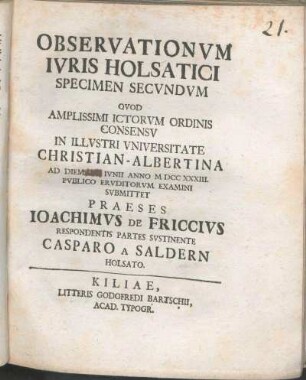 Observationvm Ivris Holsatici Specimen Secvndvm
