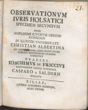 Observationvm Ivris Holsatici Specimen Secvndvm