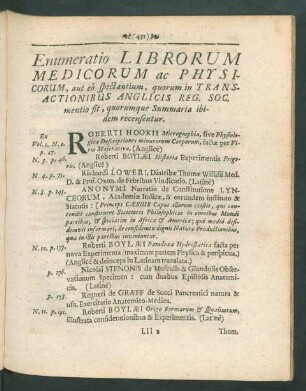 Enumeratio Librorum Medicorum ac Physicorum, aut eo spectantium, quorum in Transactionibus Anglicis Reg. Soc. mentio fit, quorumque Summaria ibidem recensentur.