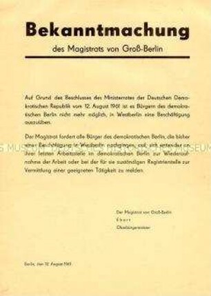 Bekanntmachung des Magistrats zur Schließung der Staatsgrenze nach Berlin (West) am 12. August 1961