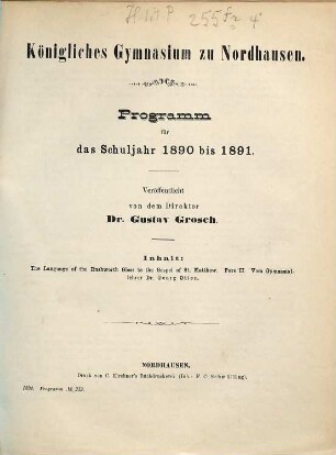 Programm : für das Schuljahr Ostern ... bis Ostern ... 1890/91