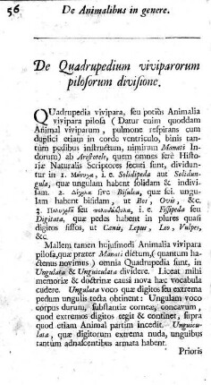 De Quadrupedum viviparum pilosorum Divisione