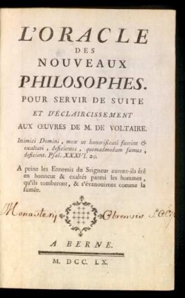 [Hauptbd.]: L'Oracle Des Nouveaux Philosophes