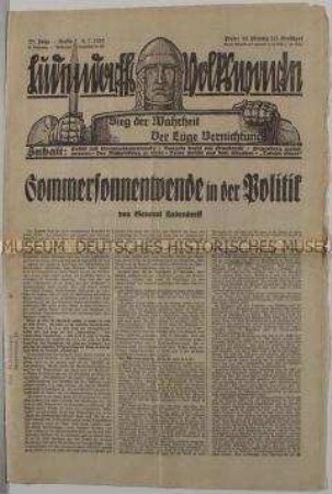 Völkische Wochenzeitung "Ludendorff's Volkswarte" zum "politischen Sommersonnenwende"