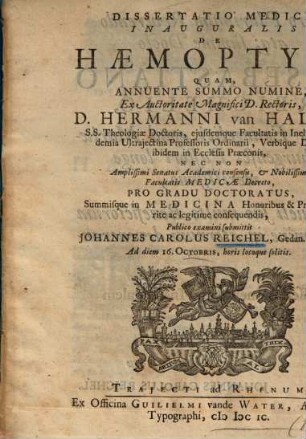 Dissertatio Medica Inauguralis De Haemoptysi