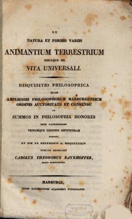 De natura et formis variis animantium terrestrium, simulque de vita universalis : Disquisitio philosophica