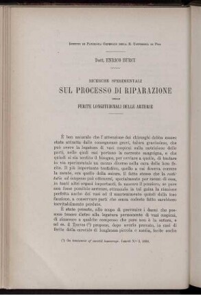 Ricerche Sperimentali Sul Processo Di Riparazione Delle Ferite Longitudinali Delle Arterie