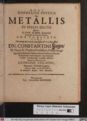Disputatio Physica De Metallis In Specie Dictis