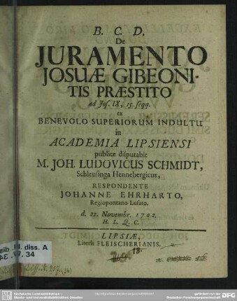 De Iuramento Josuae Gibeonitis Praestito : ad Jos. IX, 15. seqq.
