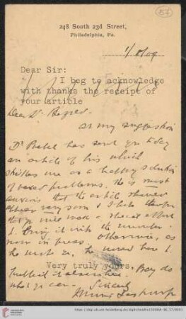 Briefe von Morris Jastrow an Carl Bezold: Karte von Morris Jastrow an Carl Bezold