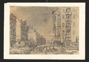 Colorierte Kugelschreiberzeichnung von Karl-Heinz Klingbeil: Straßenszene Ecke Jungstraße / Scharnweberstraße (1985)