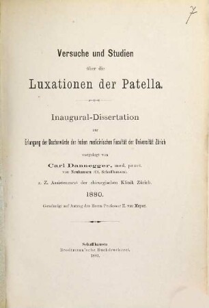 Versuche und Studien über die Luxationen der Patella : Inaug.-Diss. von Zürich