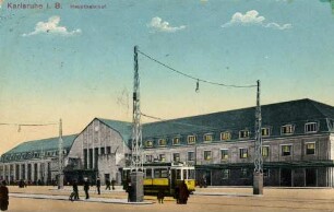 Postkartenalbum mit Motiven von Karlsruhe. "Karlsruhe in Baden. Hauptbahnhof"
