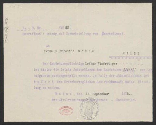 Brief an B. Schott's Söhne : 11.09.1915