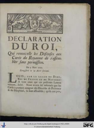 Déclaration Du Roi, Qui renouvelle les Défenses aux Curés du Royaume de s'assembler sans permission.