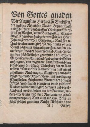 Von Gottes gnaden Wir Augustus Hertzog zu Sachssen ...
