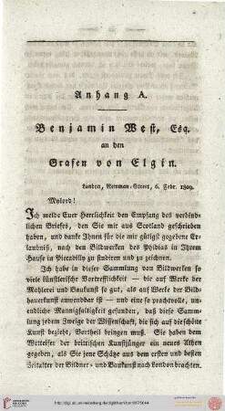Anhang A: Benjamin West, Esq. an den Grafen von Elgin