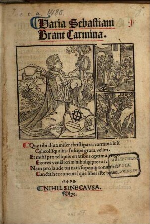 Carmina varia : mit Widmungsbrief des Druckers, Basel 15.3.1498, und Gedicht an den Dekan von Aix-la-Chapelle Wynmar de Ercklens. Holzschnitte von Albrecht Dürer (?) und vom Meister des Verardus