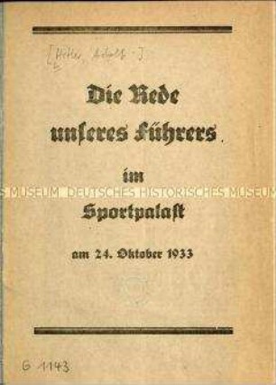 Rede Adolf Hitlers im Berliner Sportpalast vom 24. Oktober 1933