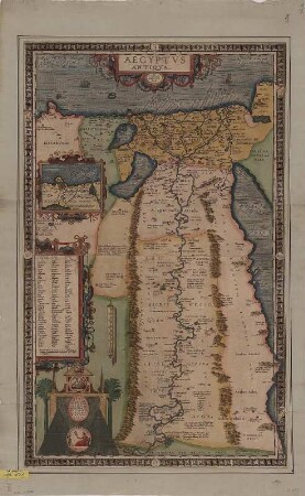 Karte von Ägypten mit dem Nildelta, ca . 1:1 500 000, Kupferstich, 1584 : Aegyptvs Antiqva : Cum Privilegio Imperiali et Belgico, ad decennium / Ex Conatibus geographicis Ab. Ortelij. - [Ca. 1:1 500 000] - [Antverpiae] , 1584. - 1 Kt. : kolor. Kupferst. ; 44 x 74 cm