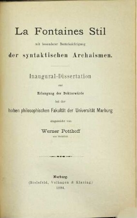 LaFontaines Stil mit besonderer Berücksichtigung der syntaktischen Archaismen