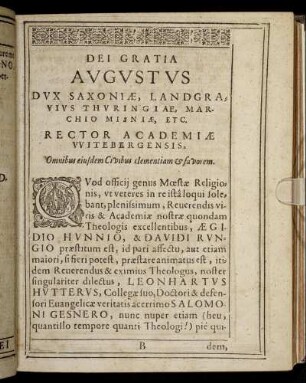 Dei Gratia Augustus Dux Saxoniæ, Landgravius Thuringiæ, Marchio Misniæ, Etc.