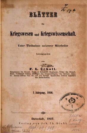 Blätter für Kriegswesen und Kriegswissenschaft. 1. 1856