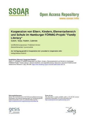 Kooperation von Eltern, Kindern, Elementarbereich und Schule im Hamburger FÖRMIG-Projekt "Family Literacy"