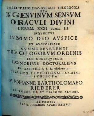 Diss. inaug. theol. qua in genuinum sensum oraculi divini Jeremiae XXXI, 3. inquiritur