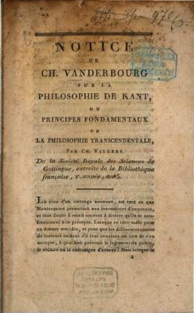 Notice de Ch. Vanderbourg sur la philosophie de Kant, ou principes fondamentaux de la philosophie transcendentale par Charles Villers